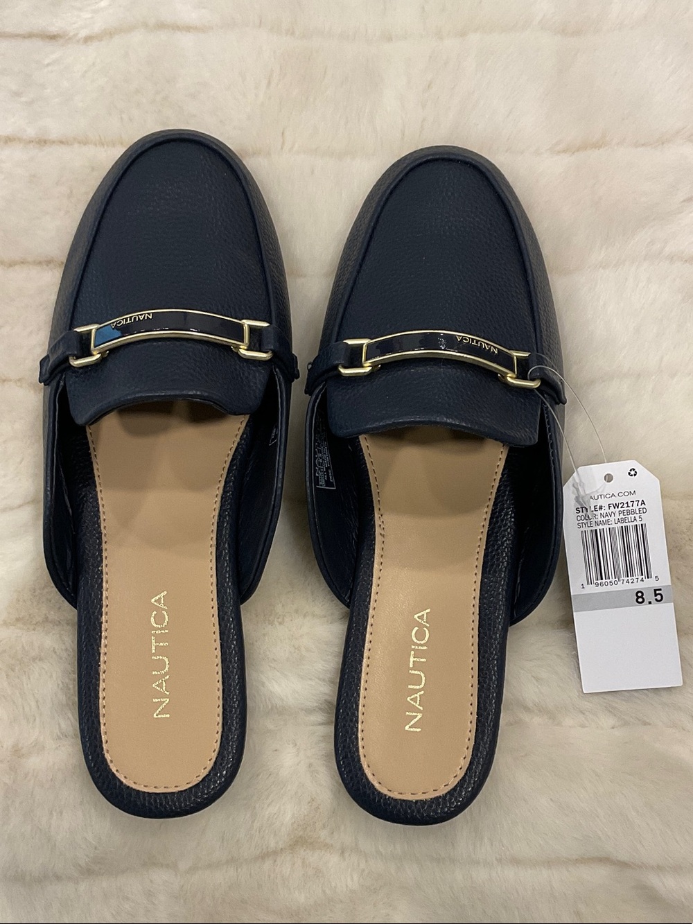 Nautica Navy Leather Slip-On Mule with Gold Hardware